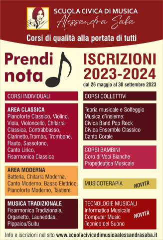 CORSI SCUOLA CIVICA DI MUSICA ALESSANDRA SABA - APERTE LE ISCRIZIONI 2023/2024.