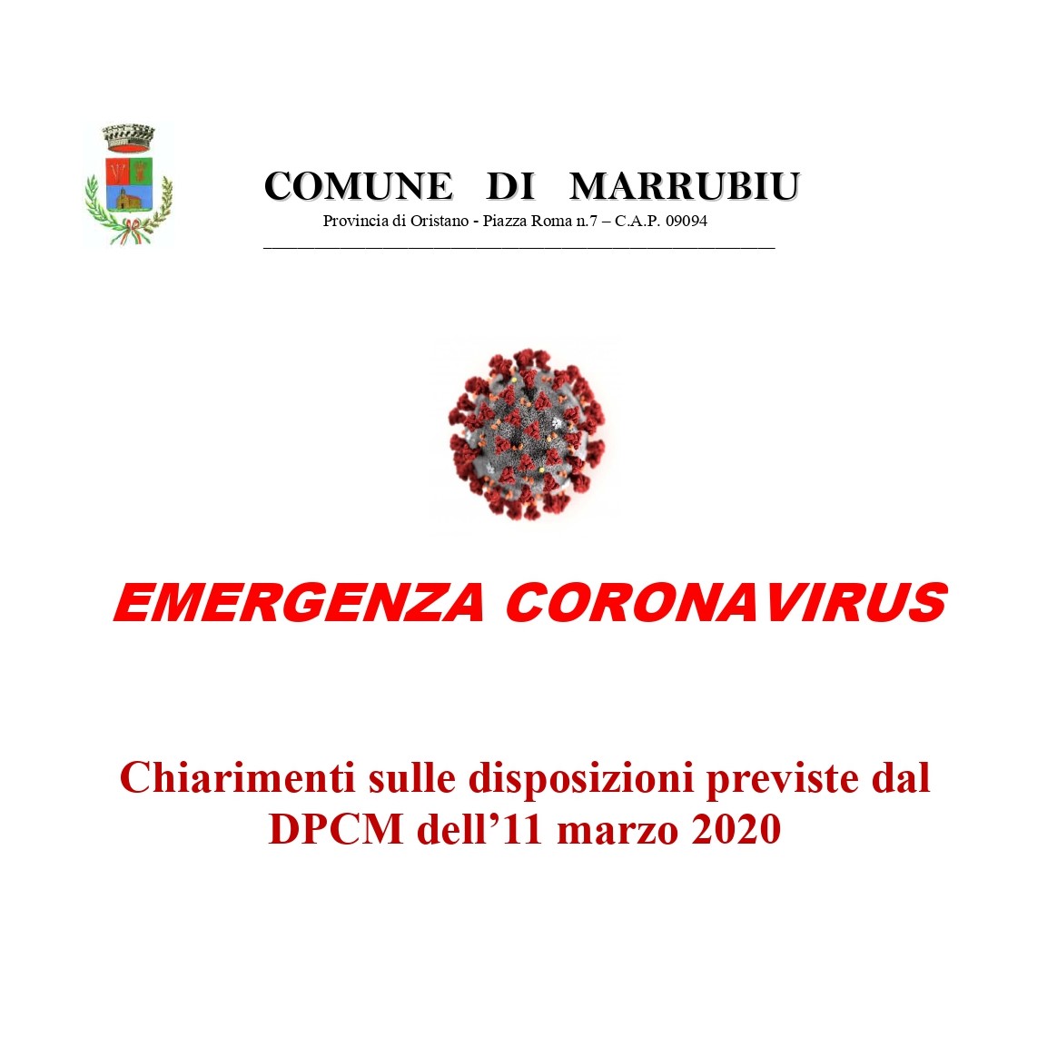 EMERGENZA CORONAVIRUS - Chiarimenti sulle disposizioni ex DPCM 11 MARZO 2020