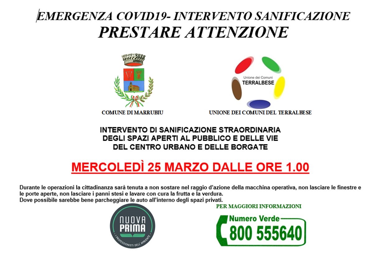 Intervento di sanificazione straordinaria degli spazi aperti al pubblico e delle vie del centro urbano e delle borgate