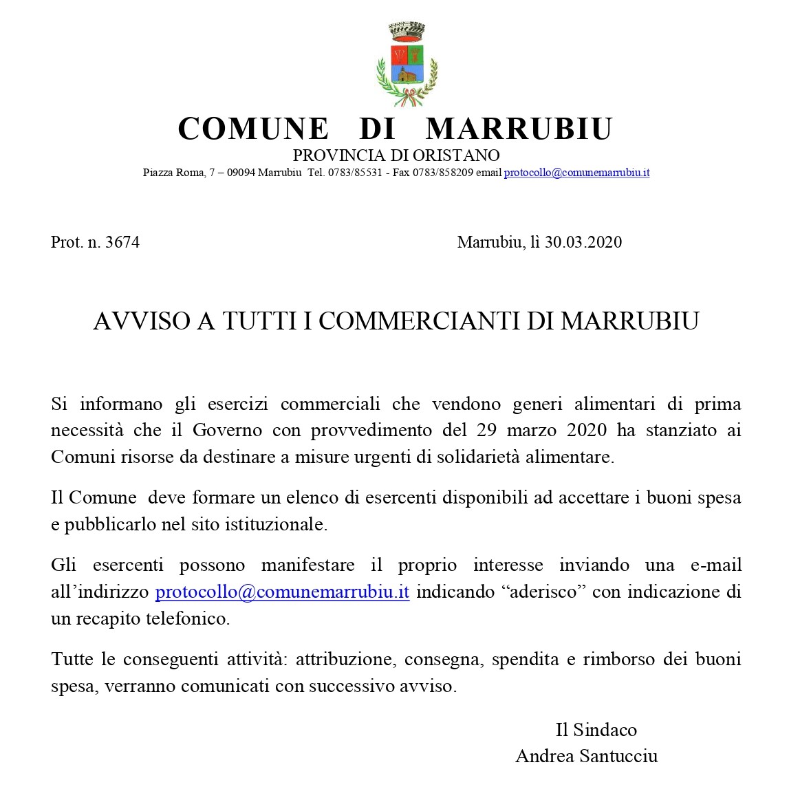 Avviso a tutti i commercianti di marrubiu - emergenza sanitaria covid 19.