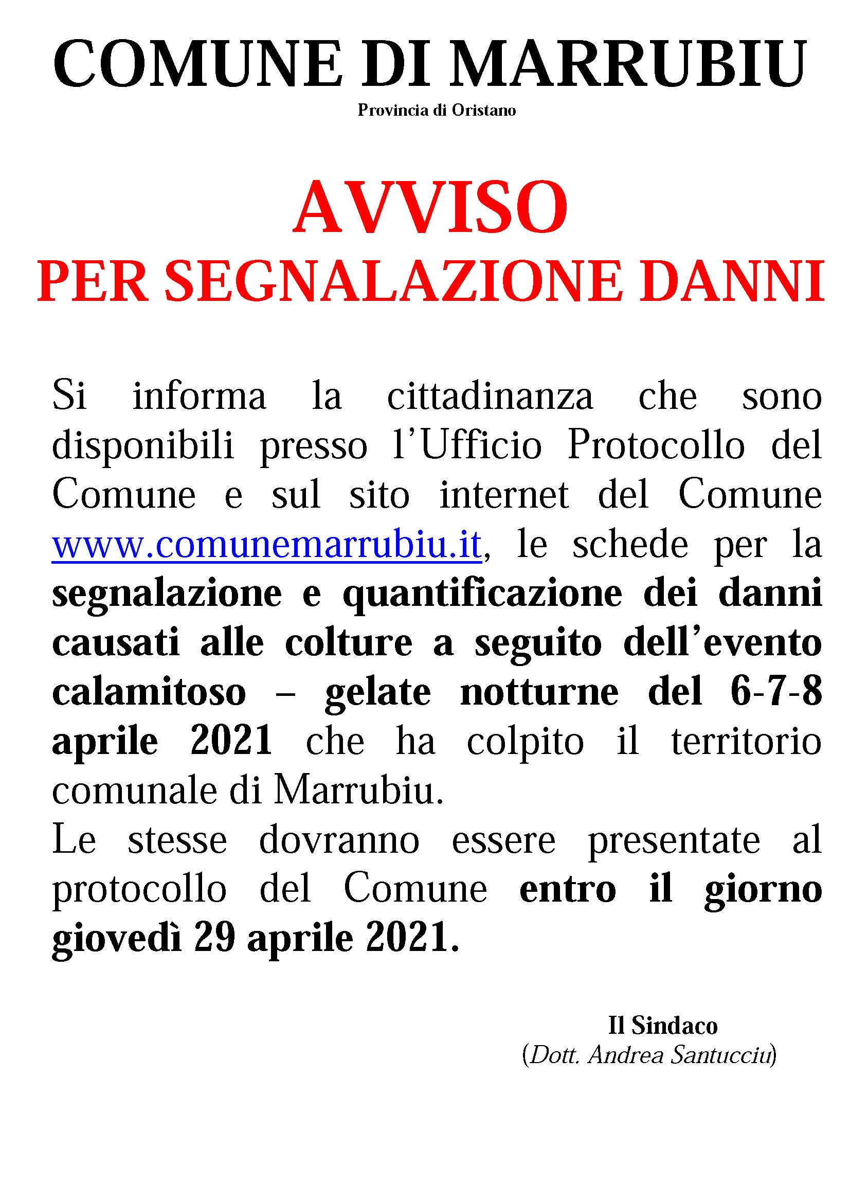 Avviso per la segnalazione dei danni causati dalle gelate notturne avvenute nei giorni 6-7-8 aprile 2021